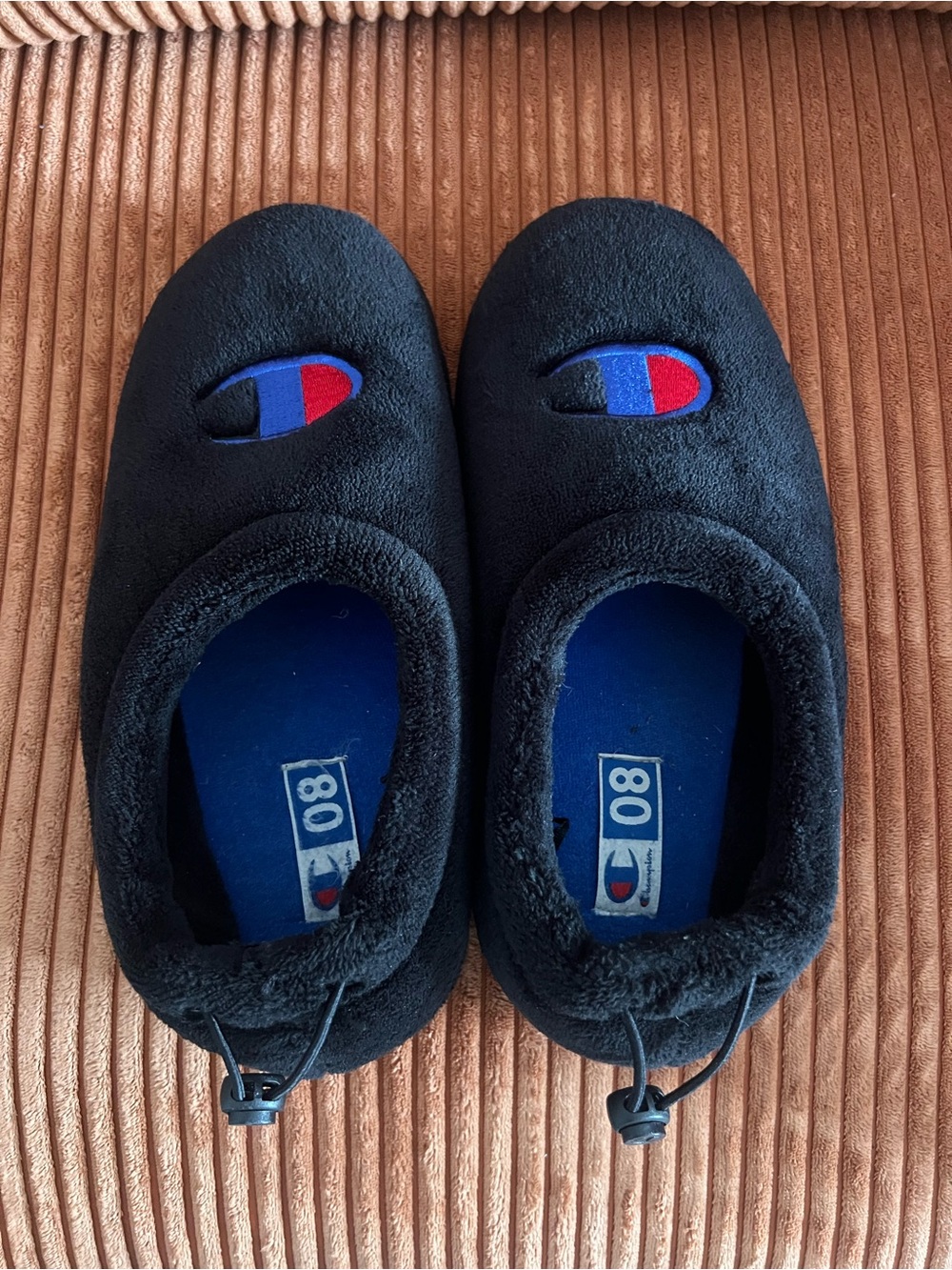 Champion Black Plush Men Slip-On Slippers with Blue & Red Logo